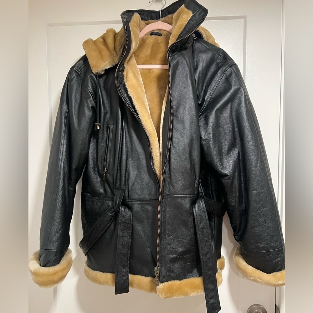 Vintage Wilda black leather & fur coat